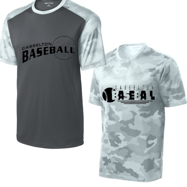 Two different shirts with a baseball on them.