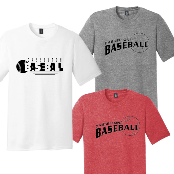 Three different colored shirts with a baseball design on them.