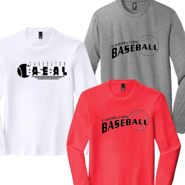 Three long sleeve shirts with a baseball design on them.
