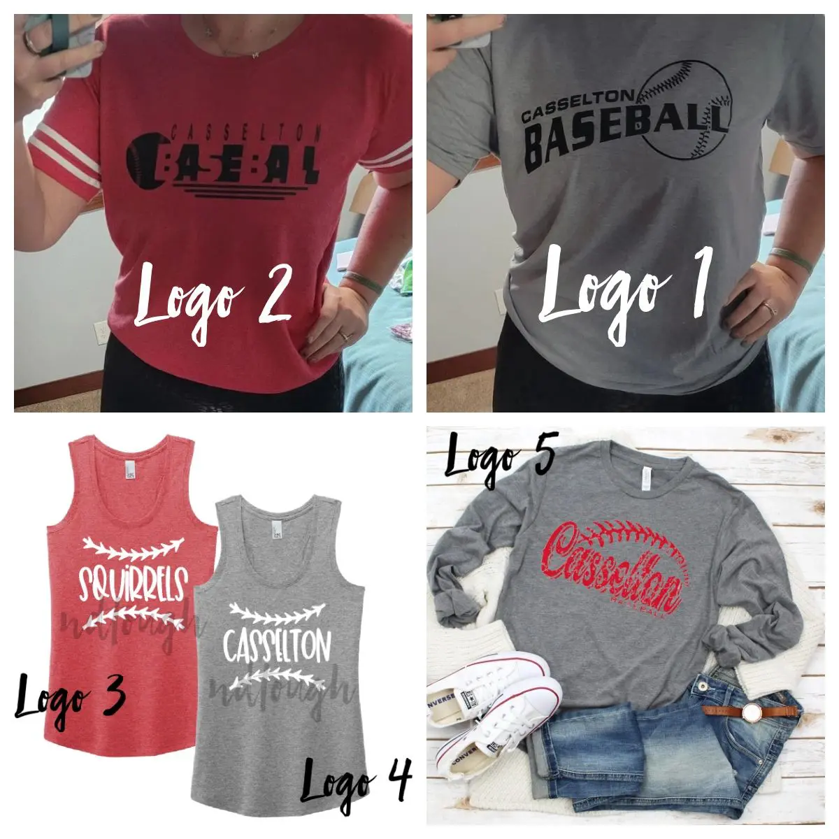 A group of four different shirts with the words " baseball ".
