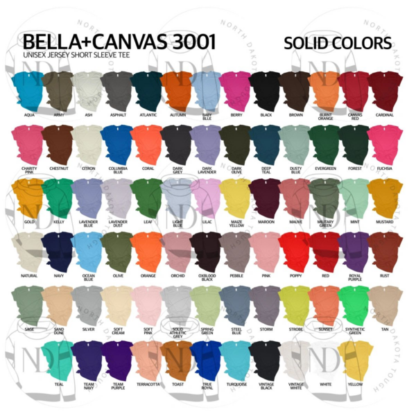 A color chart of different colors for bella canvas 3 0 0 1.