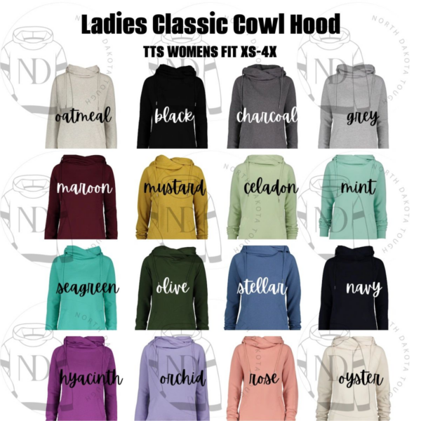 A bunch of different colors of hoodies with the words ladies classic cowl hood