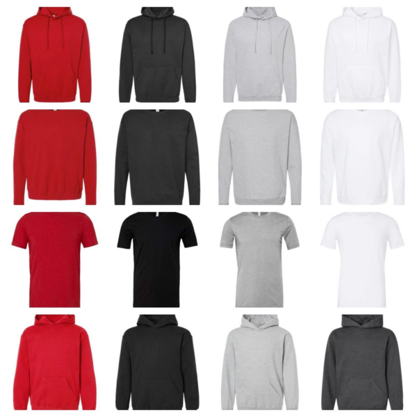 A collection of different colored shirts and hoodies.