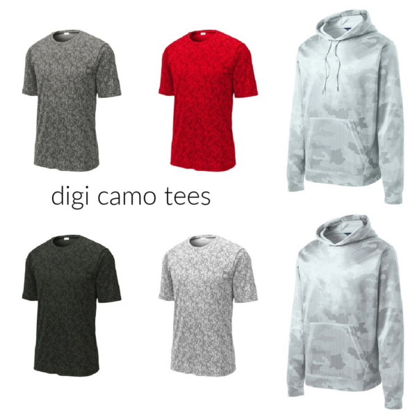 A group of different colored shirts and hoodies.