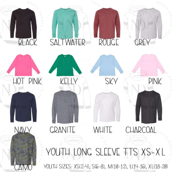 A color chart of the different colors in youth long sleeve shirts.