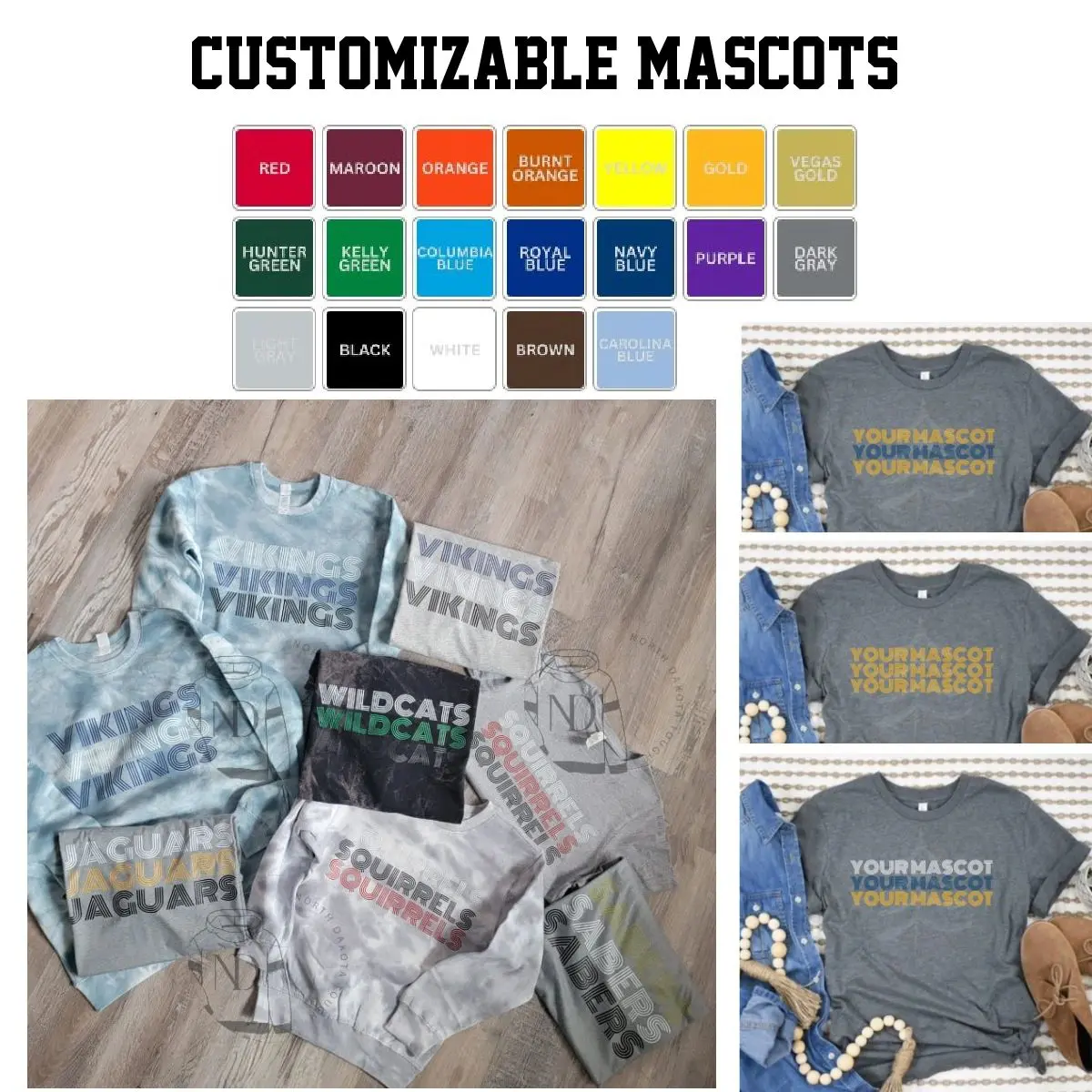 A variety of different colored shirts and bags.