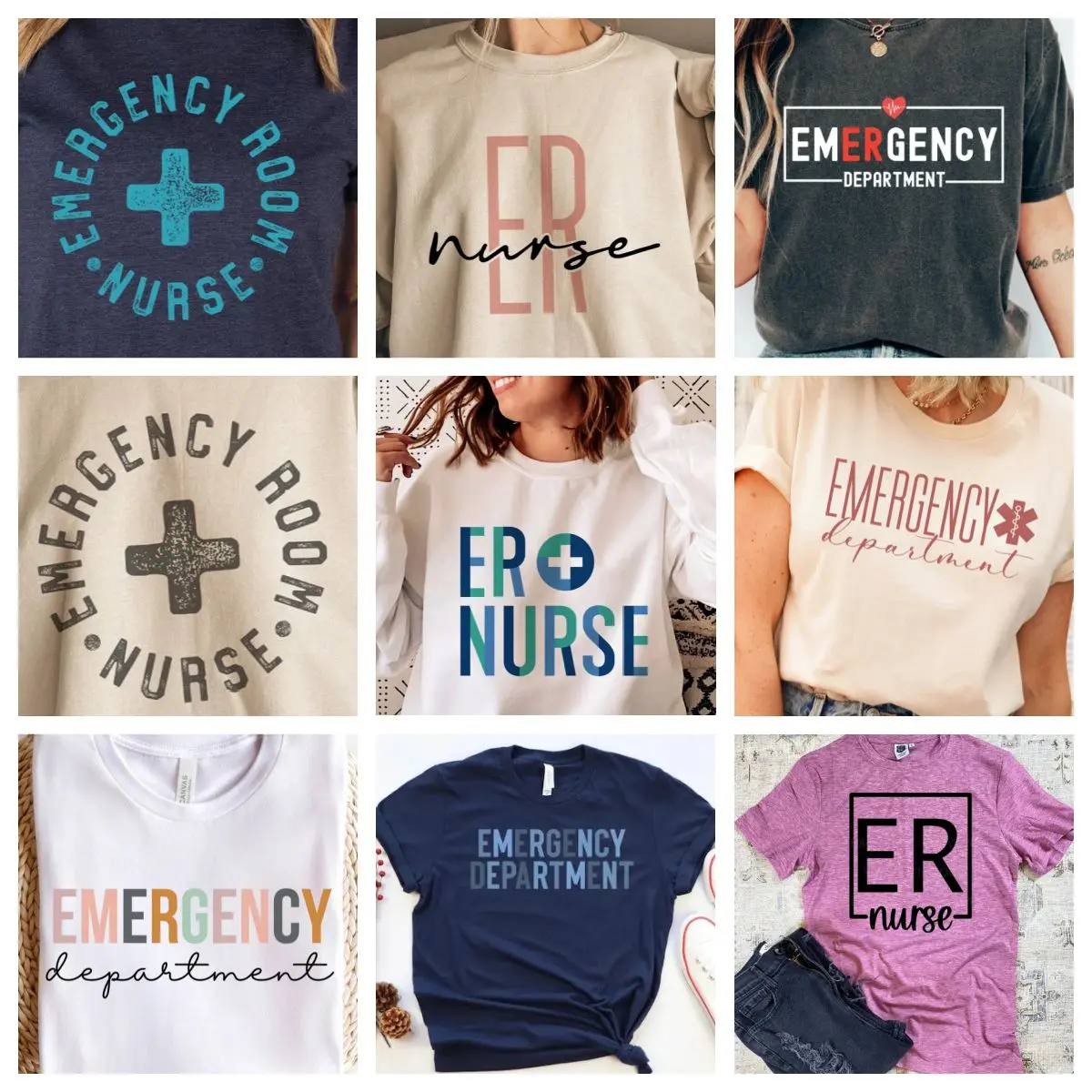 A collage of different shirts with the words er nurse on them.