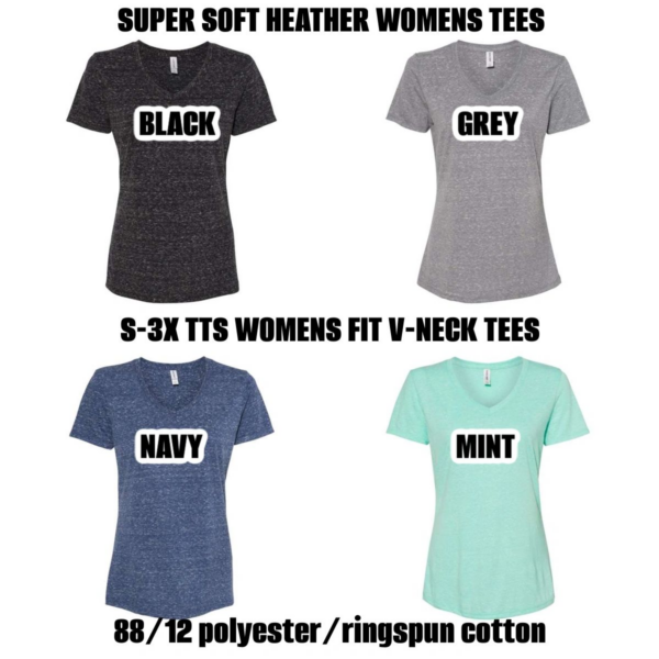 A variety of different colored shirts with the words " super soft heather womens tees ".