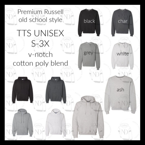 A bunch of different colored hoodies with words on them