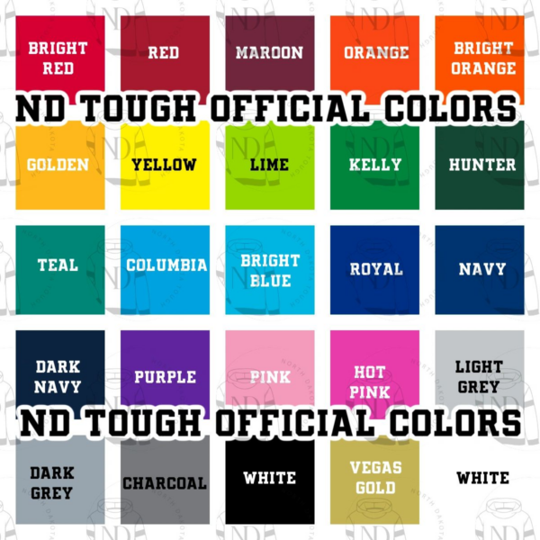 A color chart of all the colors in nd tough.