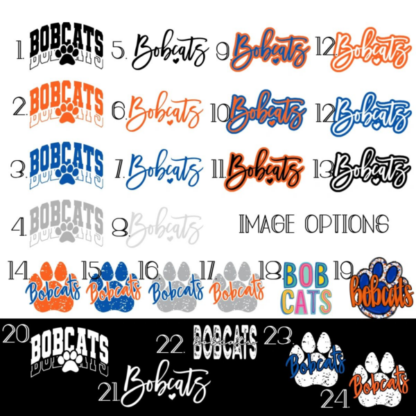 A bunch of bobcats with their names and numbers