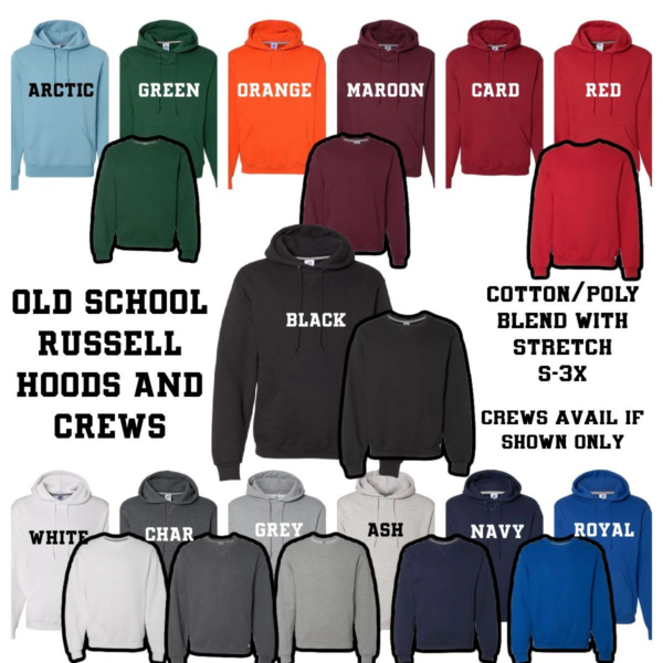 A group of different colored hoodies with the words old school russell hoods and crews printed on them.