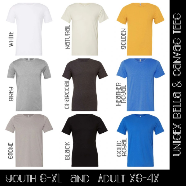 A bunch of different colored shirts with the words " youth e-xl and adult xe-dx ".
