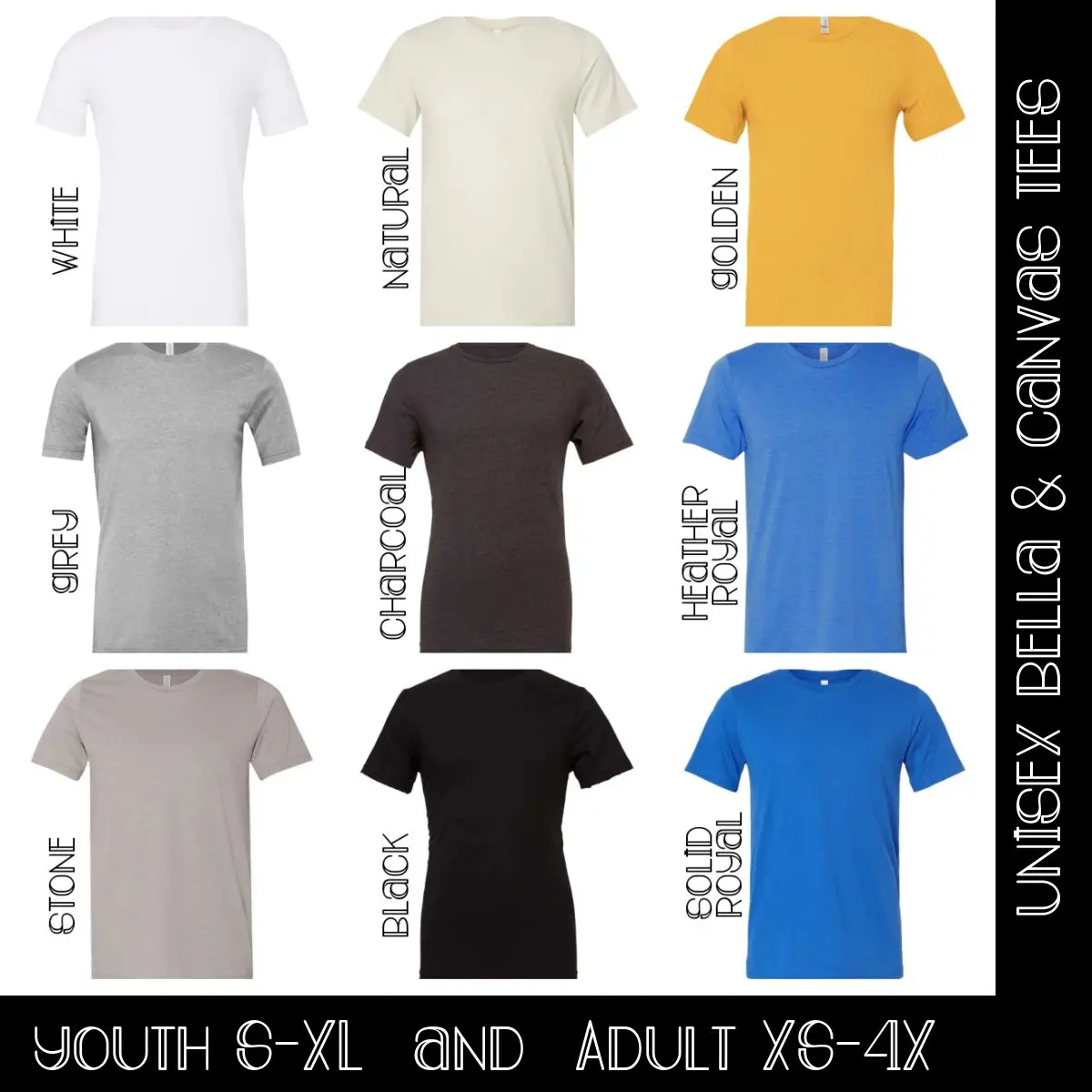 A bunch of different colored shirts with the words " youth e-xl and adult xe-dx ".