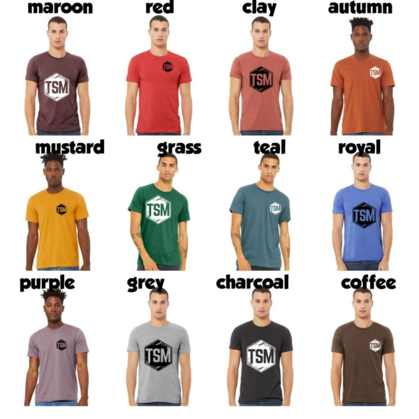 A bunch of different colors and sizes of shirts