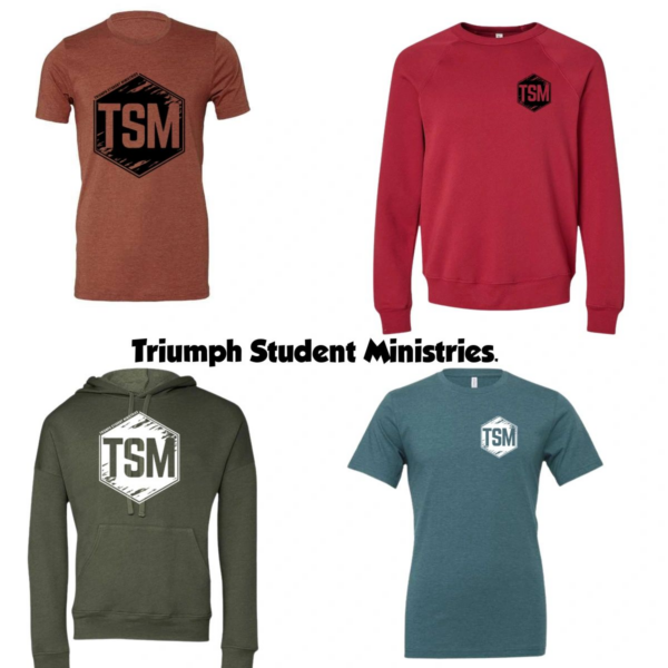 A group of four different colored shirts and hoodies.