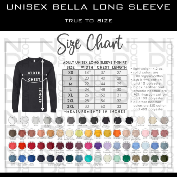 A long sleeve shirt with the size chart for each color.