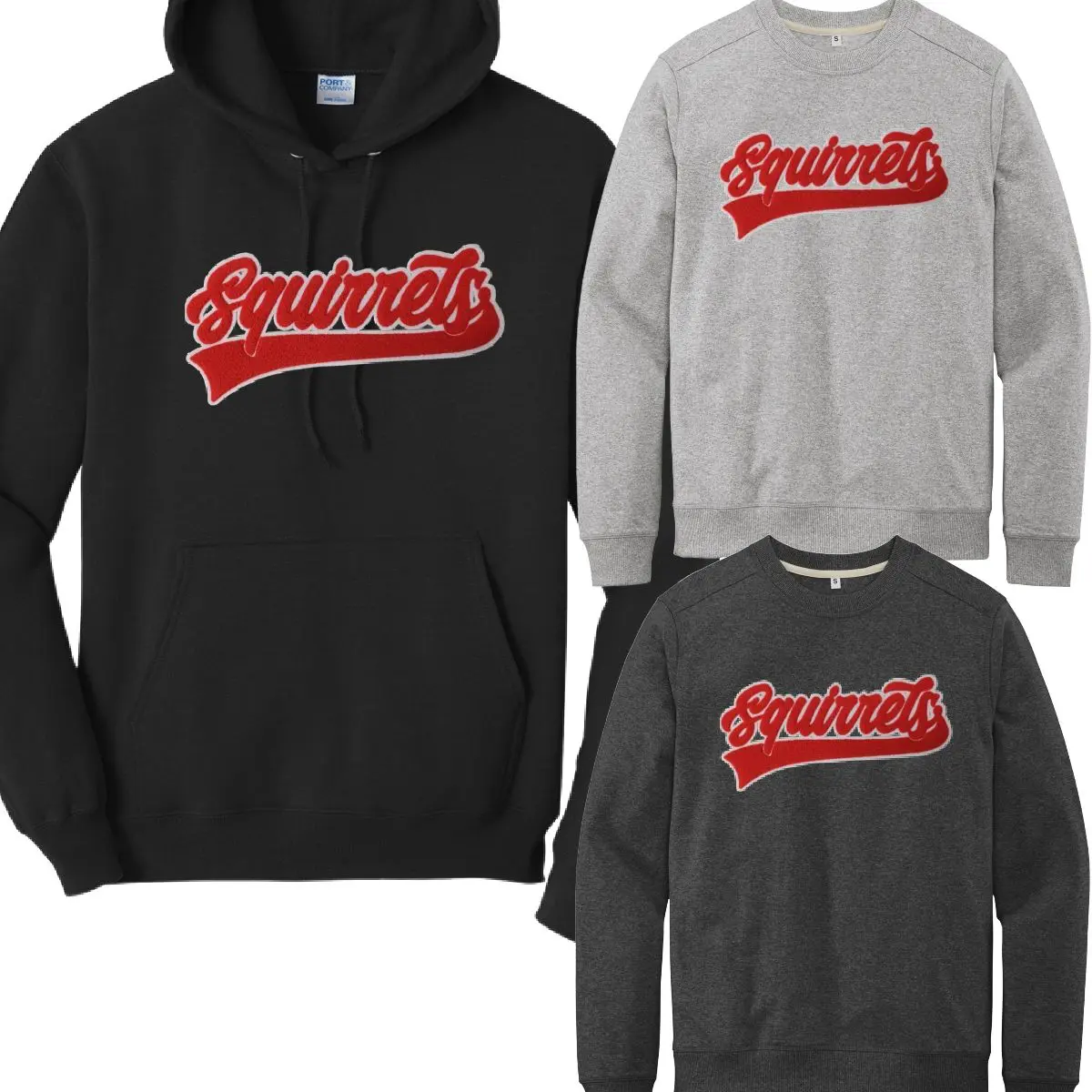 A group of three hoodies with the squirrels logo on them.