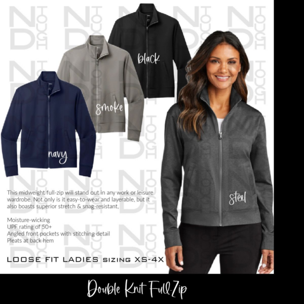 A woman wearing black and gray jackets with the words " loose fit ladies ".