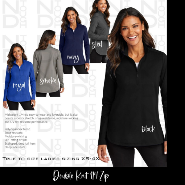 A woman wearing black and blue clothes with different designs.