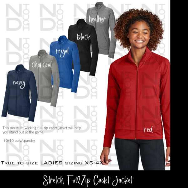 A woman wearing several different colors of jackets.