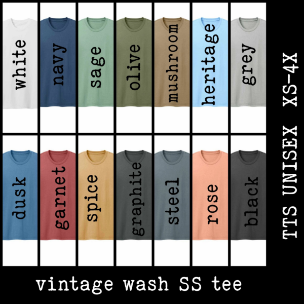 A bunch of different colors of shirts with the words " vintage wash ss tee ".