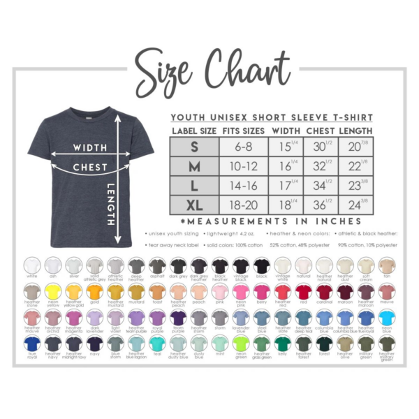A size chart showing the sizes of each shirt.