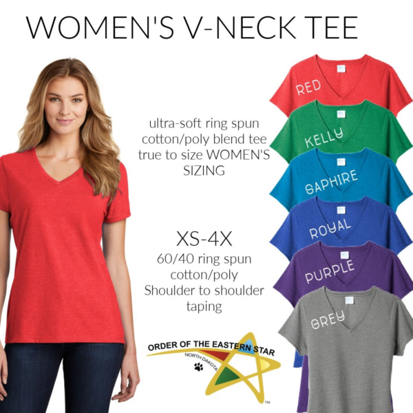 A women 's v-neck tee with different colors of shirts.