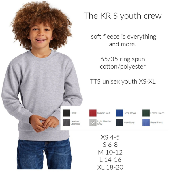 A young boy wearing a sweatshirt with different colors of clothing.