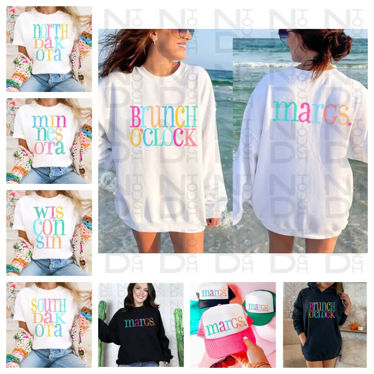 A bunch of different colored letters on the front of a white hoodie.