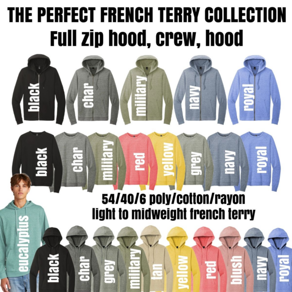 A bunch of different colors of french terry hoodies