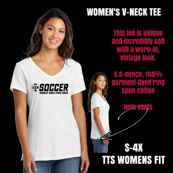 A women 's v-neck tee with the word soccer on it.