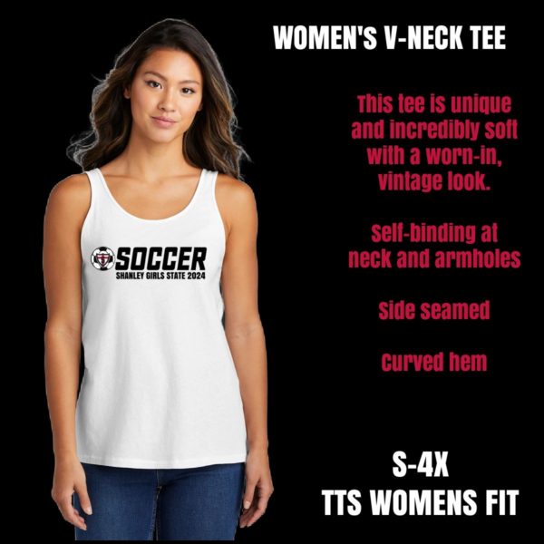 A women 's tee shirt with words and picture of soccer.