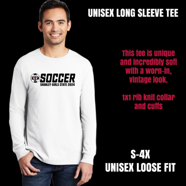 A white long sleeve shirt with the words " soccer ".