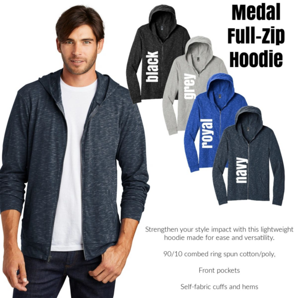 A man wearing a full zip hoodie with multiple colors.