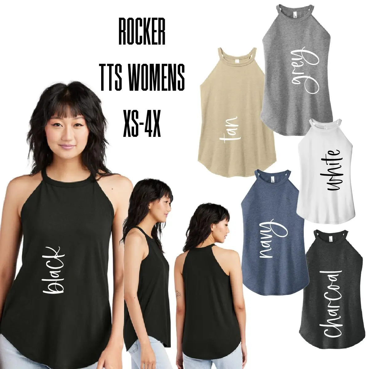 A woman wearing different colors of tank tops.