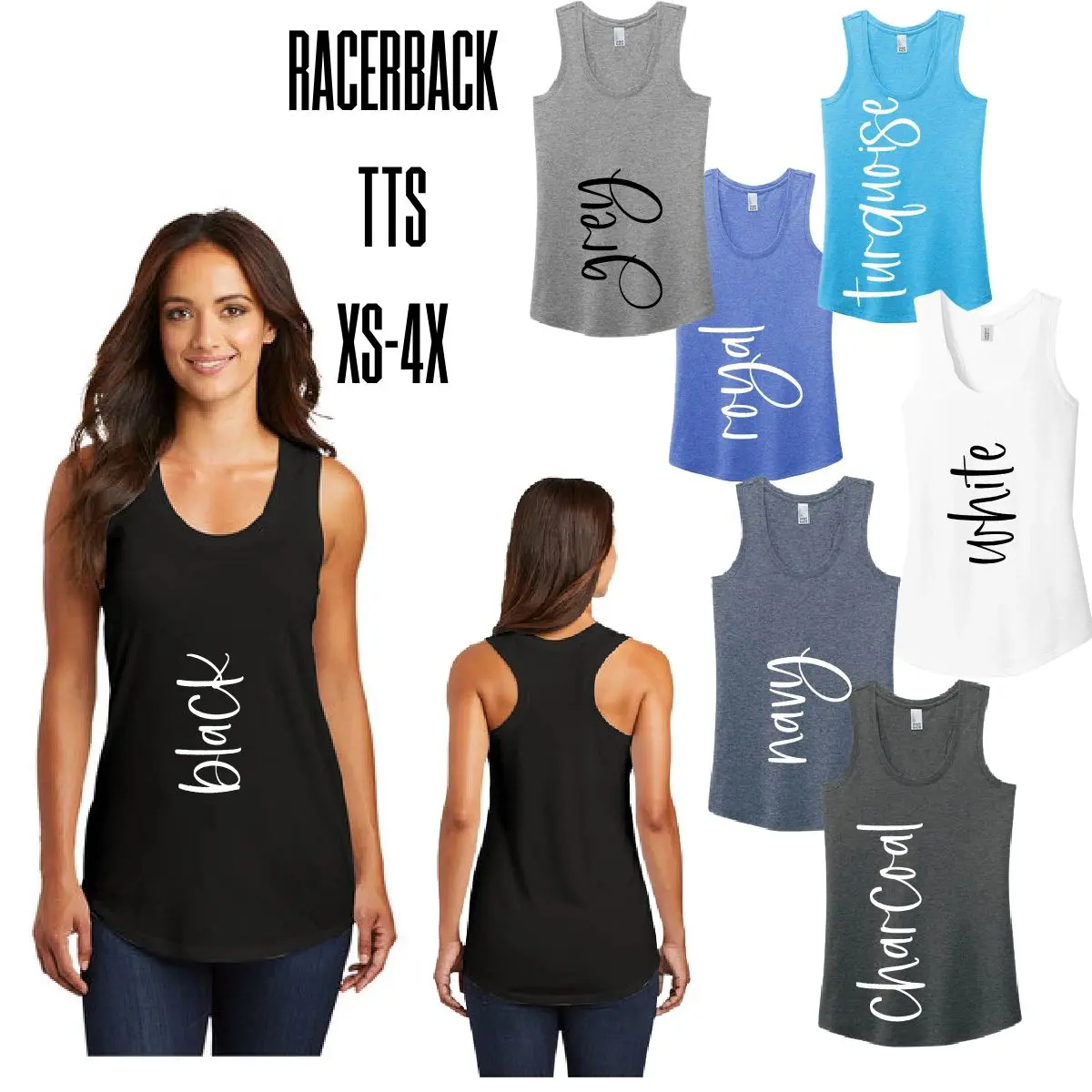 A woman wearing different colors of racerback tank tops.
