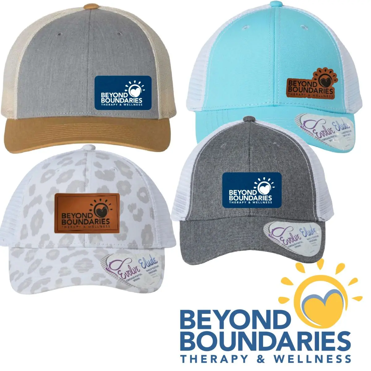 A group of four hats with different designs.