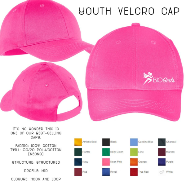 A pink baseball cap with the words " youth velcro cap ".