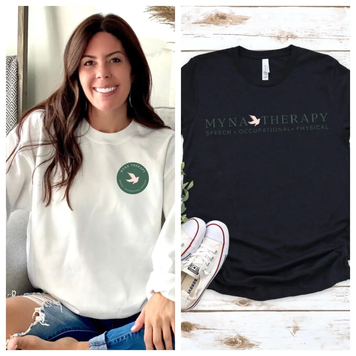 A woman wearing white and black shoes next to a t shirt.