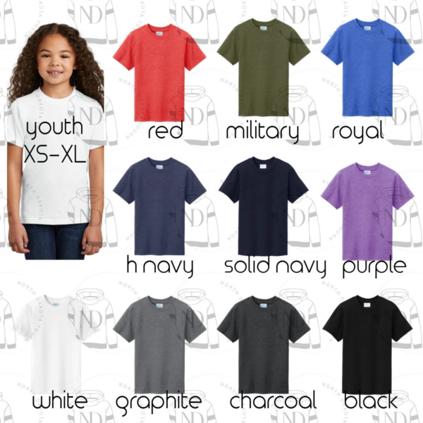 A child wearing different colored shirts with the words youth xs-xl.