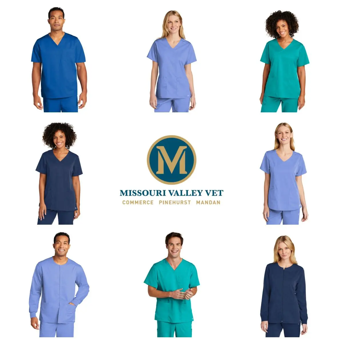 A group of people wearing different colored scrubs.