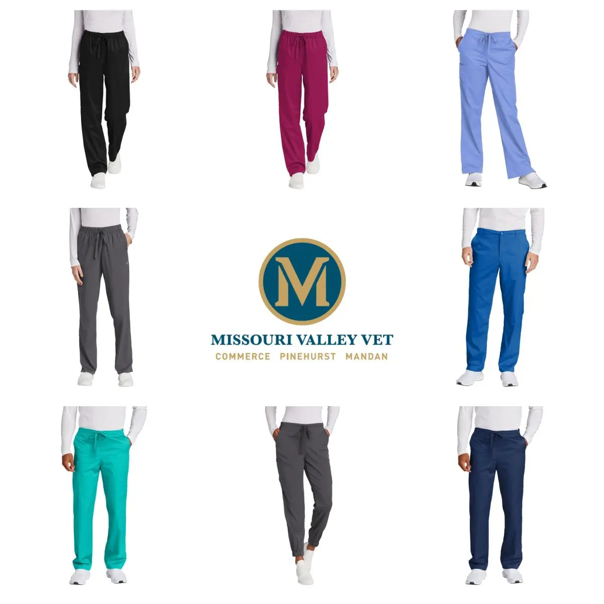 A group of nine different colored pants.