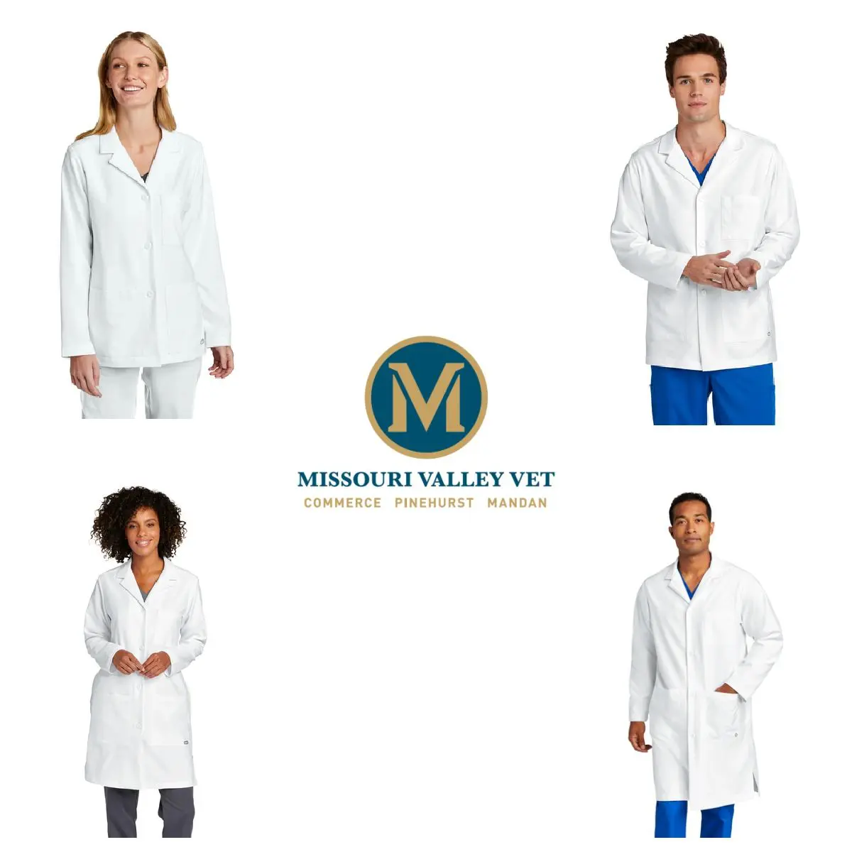 Four people in lab coats and one is wearing a blue pants.