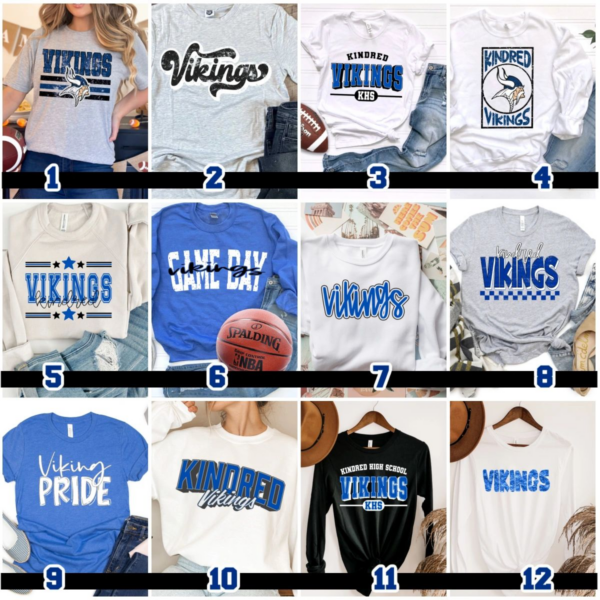A bunch of different types of shirts with the vikings on them