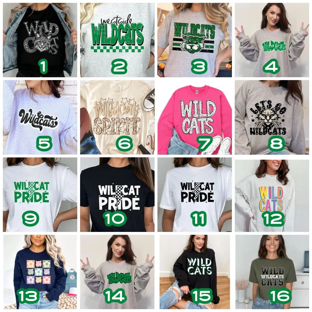A bunch of different wildcats shirts that are on display