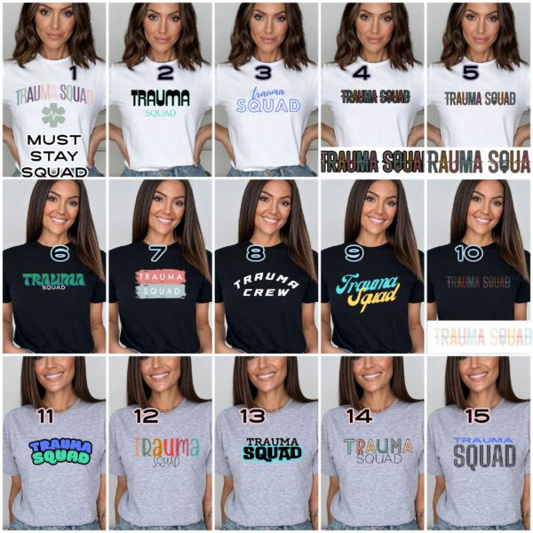 A bunch of different shirts that are on a woman