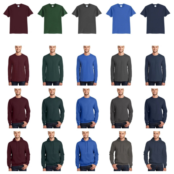 A group of men wearing different colors and sizes.