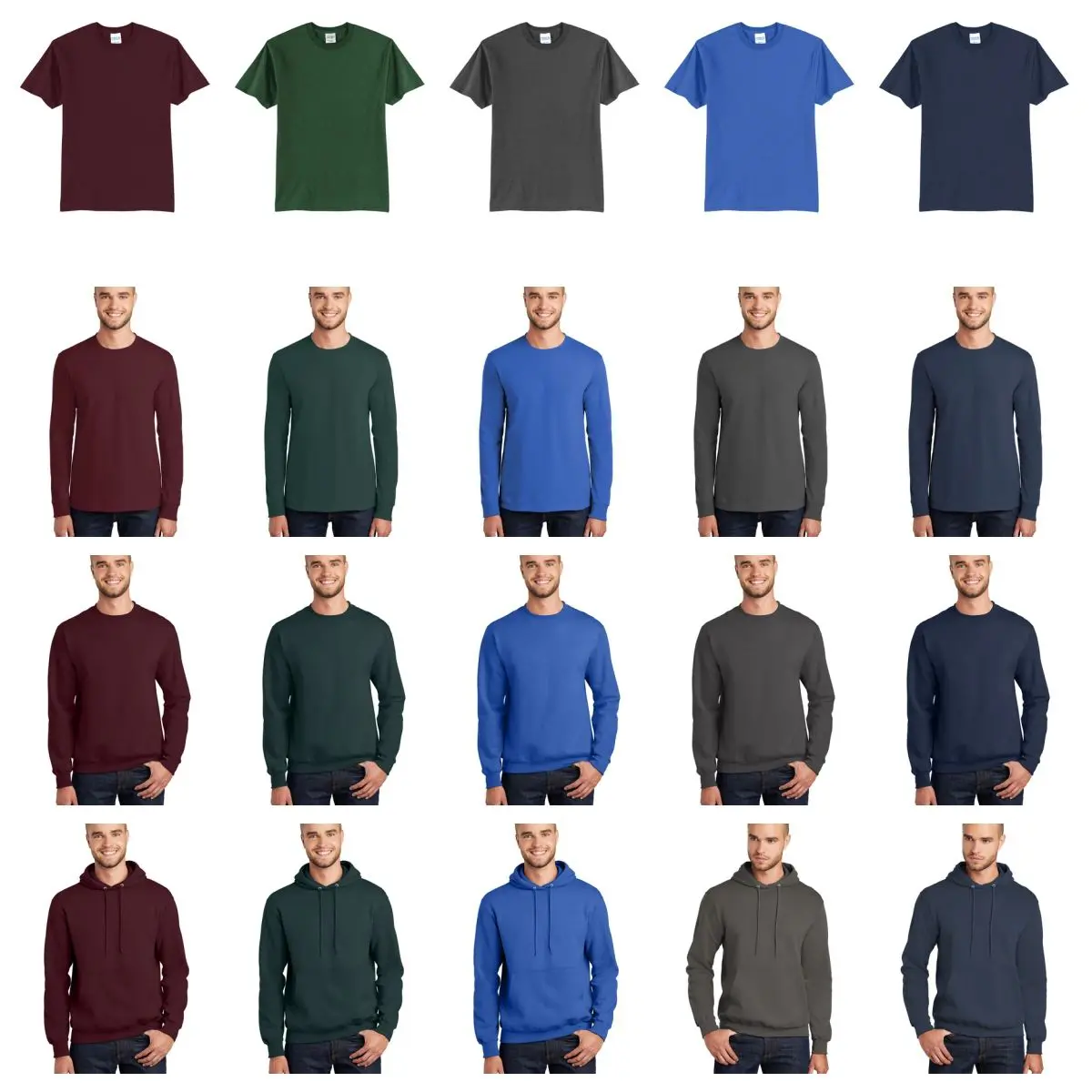 A group of men wearing different colors and sizes.