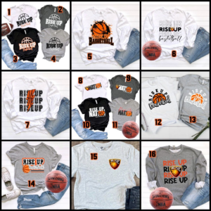 A collection of basketball themed shirts and jeans.